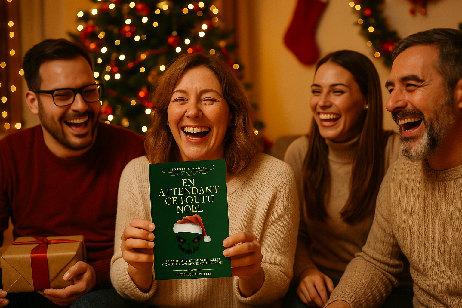 Cadeaux de Noël originaux et drôles sous un sapin avec le livre En attendant ce foutu Noël, idée cadeau humoristique pour adultes.