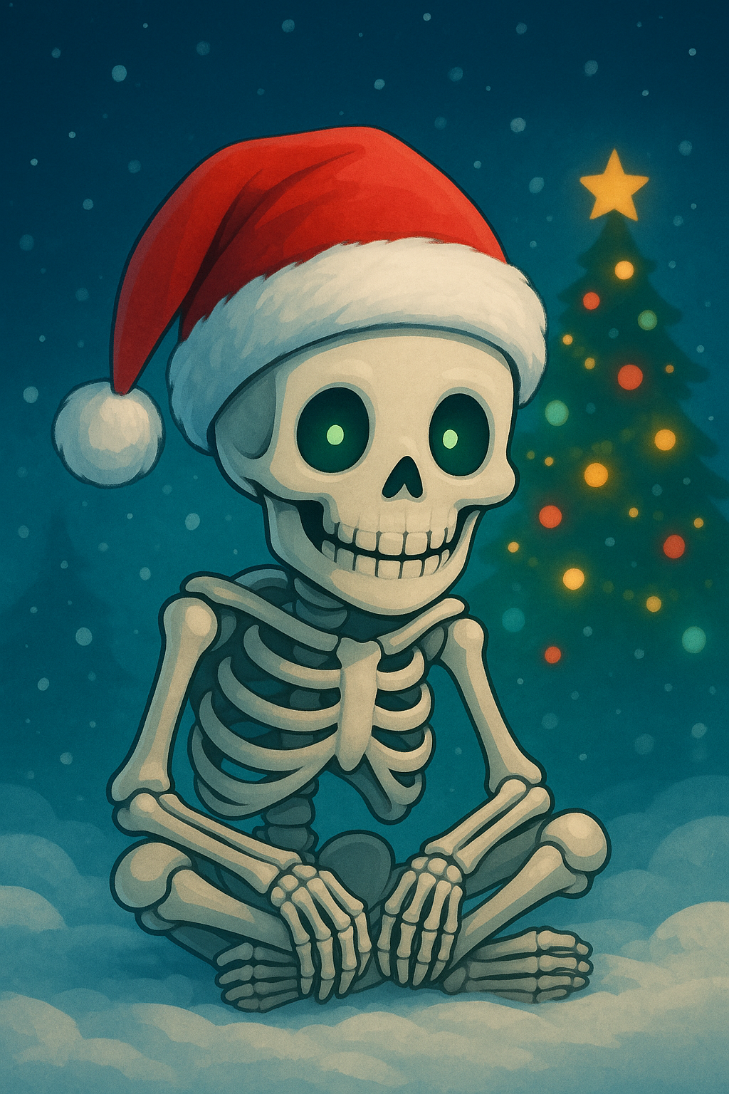 Illustration mignonne de squelette en bonnet de Noël, pour accompagner un article sur les cadeaux d’humour noir et les idées de Noël originales pour adultes.