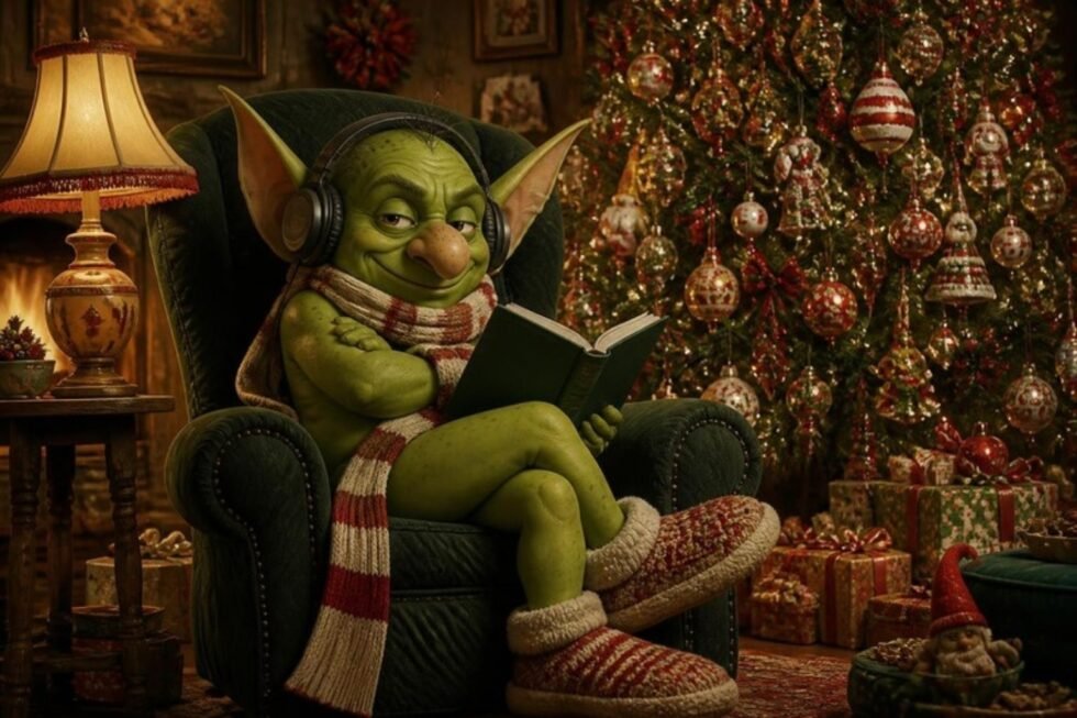 Troll vert grincheux avec casque antibruit qui tourne le dos au sapin de Noël et lit en cachette un livre d'humour noir